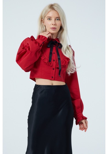 Fiyonk Fırfır Detaylı Poplin Gömlek Kırmızı
