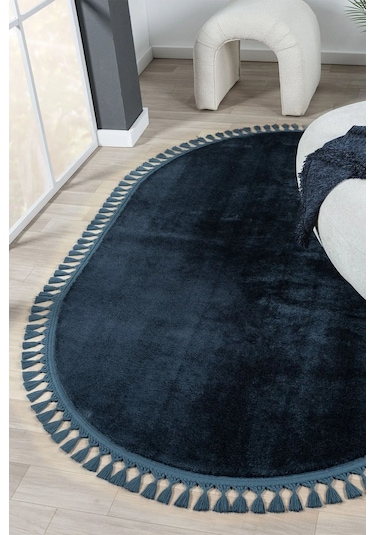 Puffy Gri Oval Örgü Saçaklı Peluş Yumuşacık Yıkanabilir Kaymaz Taban Halı Salon Oturma Odası Antrasit