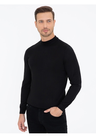 Cacharel Siyah Slim Fit Çeyrek Balıkçı Yaka Basic Triko Kazak