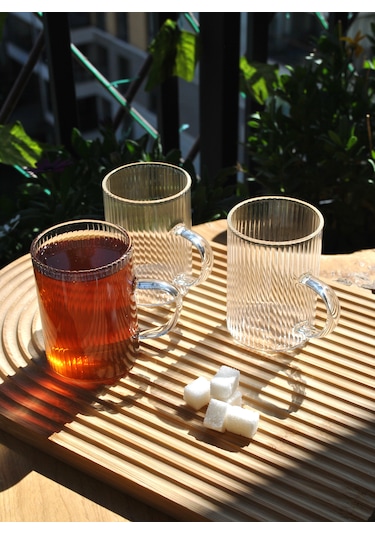 3'lü Borosılıkat Cam Bardak Çizgili Kulplu Çay Kahve Bardağı250m