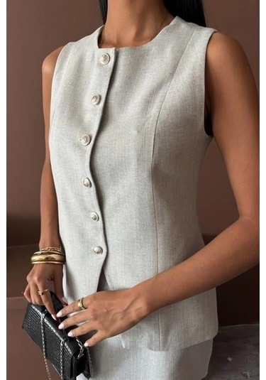 Uzun Yelek Mini Etek Flamlı Keten Takım 10148 Açik Gri