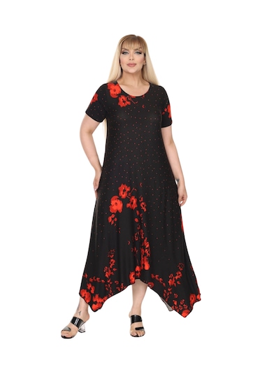 Melsay Butik Kırmızı Puanlı Gelincik Desen Asimetrik Kısa Kollu Elbise Siyah