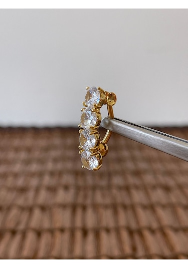 316 L Cerrahi Çelik Anti Alerjik 10 Mm 4 Taşlı Şık Abiye Göbek Piercingi Gold