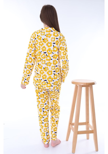 Zuzunga Sarı Papatya Desenli Düğmeli %100 Pamuk Kız Çocuk Pijama Takımı Sarı