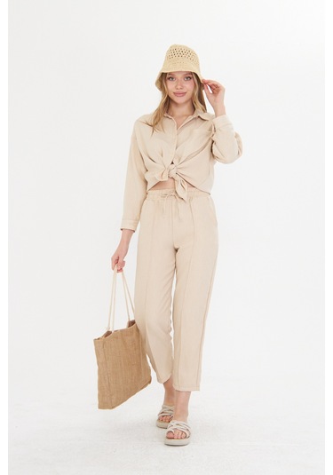 Bej Kadın Keten Gömlek Ve Pantolon Alt Üst Takım Bej