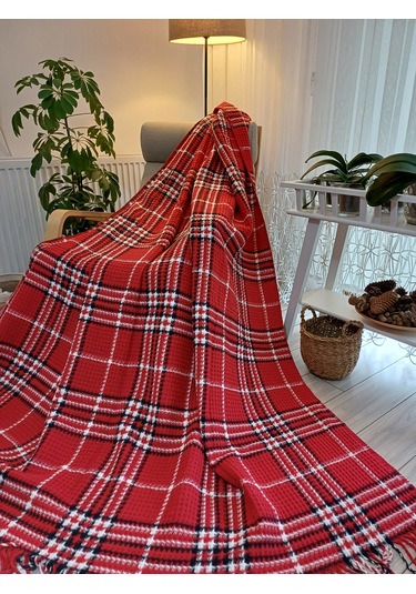 Çift Kişilik Skoç Battaniye 180 220cm Kırmız-beyaz Kırmızı