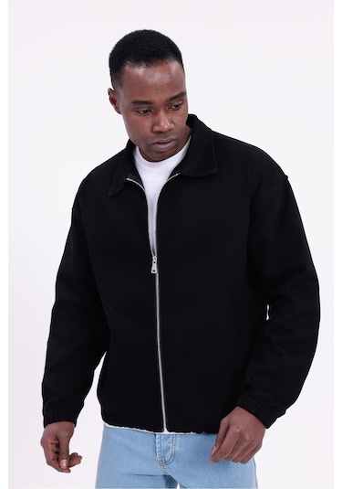 Freemen Erkek Basic Gabardin Kumaş Fermuarlı Oversize Mevsimlik Polo Yaka Ceket Siyah