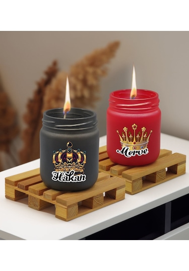 Bk Gift Kişiye Özel Dtf Kral Kraliçe Tacı 2 Li Siyah Ve Kırmızı Renkli Cam Kavanozda Kokulu Mum-1, Arkadaşa Hediye, Sevgiliye Hediye