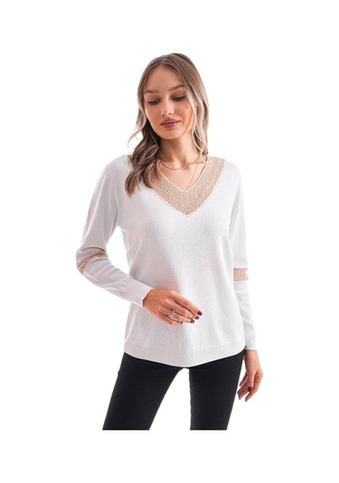 Kadın V Yaka Simli Kol Detaylı Kazak 12787 Bgl-st04108 beyaz