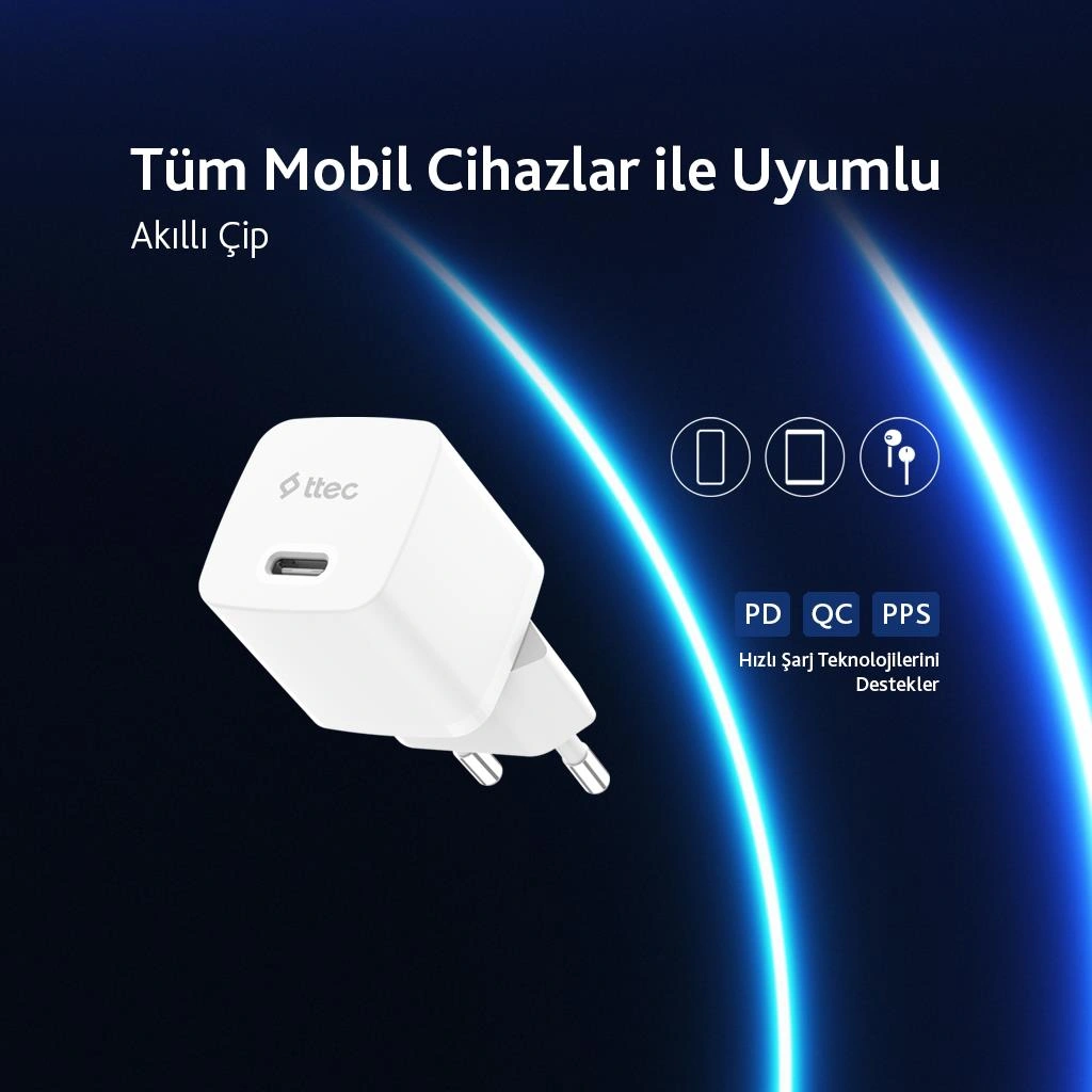 Ttec Smartcharger 20w Pd Seyahat Hızlı Şarj Aleti + Usb-c - Usb-c 3a Kablo Beyaz 2scp01cb Universal