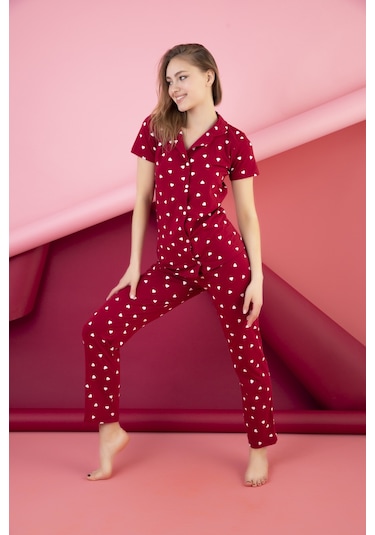Kadın Düğmeli Desenli Pijama Takımı Bordo 1974 Waynap Bordo