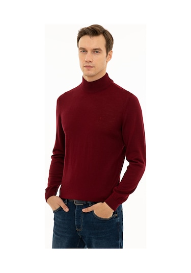 Cacharel Bordo Slim Fit Yarım Balıkçı Basic Triko Kazak Kırmızı