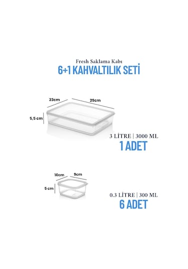 7'li Sızdırmaz Freshbox Kahvaltılık Saklama Kabı Seti / 1x3000 Ml + 6x300 Ml Şeffaf Şeffaf