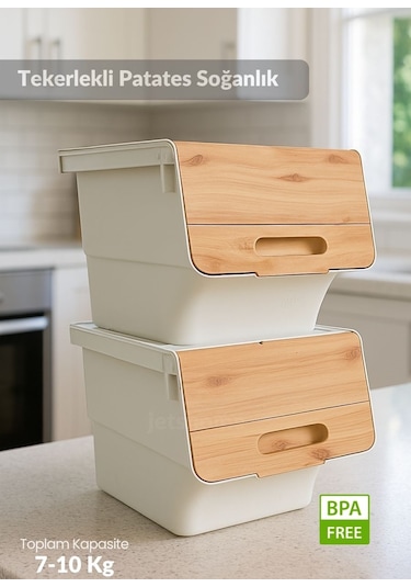 2'li Bambu Patates Soğan Sepeti Tekerlekli Kapaklı Havalandırmalı 24 Litre Sebzelik Organizer