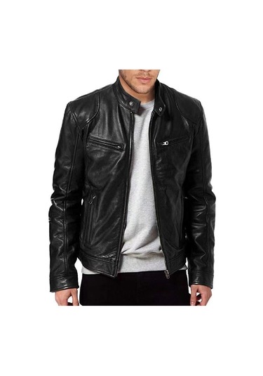 İlkbahar Ve Sonbahar İçin Yeni Erkek Dik Yaka Deri Ceket Siyah