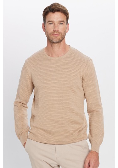 Erkek Slim Fit Dar Kesim Bisiklet Yaka Petek Desenli Taş Triko Kazak-25836 Taş - Ekru