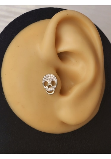 Kuru Kafa İskelet Skull Silver Modeltragus Helix Piercing Ear Cuff Kıkırdak Çelik Küpe