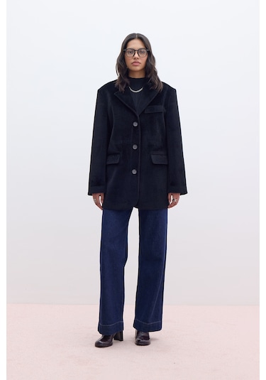 Kemerli Kaşe Ceket Siyah Siyah