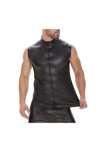 Deri Dik Yaka Sıfır Kollu Yelek Siyah