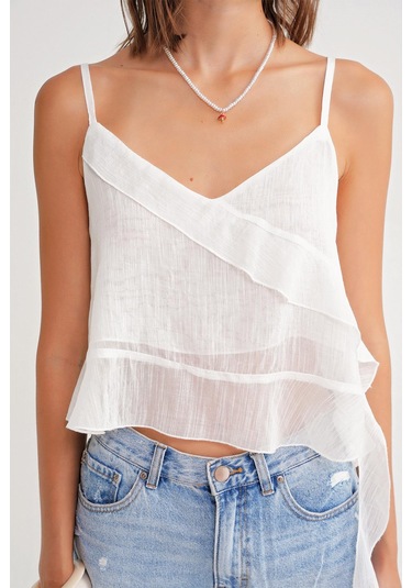 4736 Kadın Fırfırlı Askılı Bluz Beyaz Beyaz