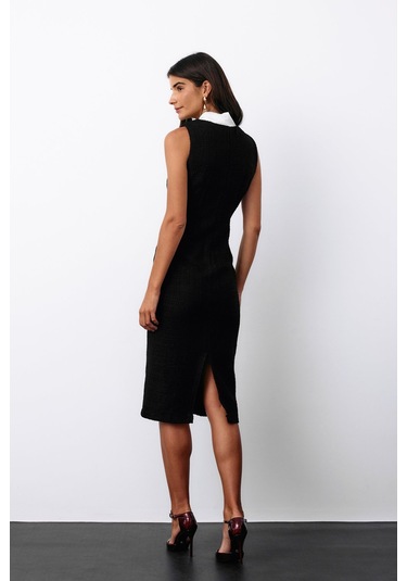 Sateen Fularlı Kolsuz Tüvit Elbise - Siyah-135147 Siyah