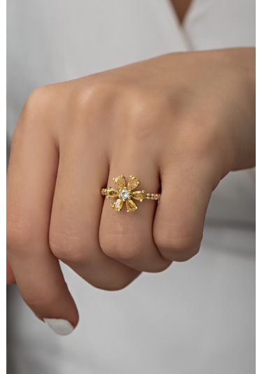 Ayarlanabilir Sarı Zirkon Taşlı Kamelya Çiçeği Yüzük Altın