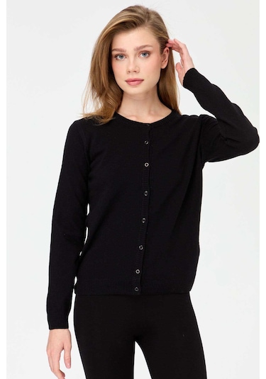 Desen Triko Kadın Sıfır Yaka Triko Yün Hırka 21031 Siyah