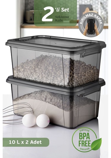 2'li Mega 10l Un Bakliyat Erzak Kabı - Kilitli Kapaklı Banyo Düzenleyici Deterjanlık Saklama Kutusu Siyah
