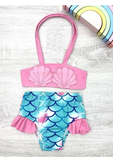 Kız Çocuk Deniz Kabuğu Nakışlı Ve Fırfırlı Mayo Takımı 2-8 Yaş 12212 Pembe