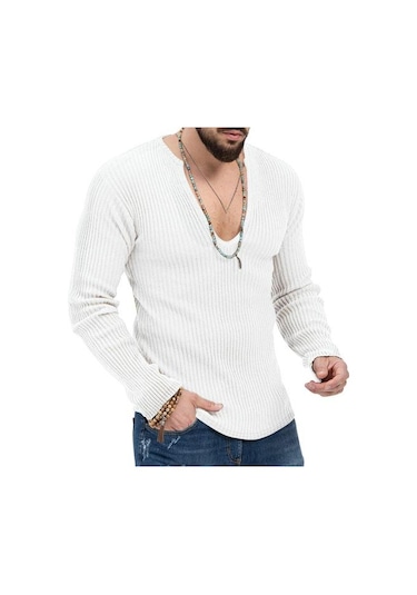 Erkek Örgü Kazak Derin V Yaka Nervürlü Uzun Kollu Düz Renk Slim Fit Yumuşak Sıcak Sonbahar Kış Rahat Erkek Kazak Üst Kazak Triko Kayısı Açık Bej