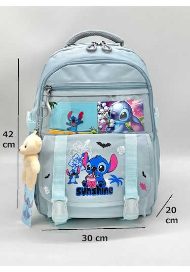 Stitch Desen Aksesuarlı Kore Tarzı Termal Beslenmeli Ve Kalemlikli Kız Çocuk Okul Sırt Çantası Seti Turkuaz
