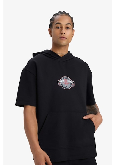 DeFactoFit NBA Houston Rockets Oversize Geniş Kalıp Kapüşonlu Sırt Baskılı Kısa Kollu Tişört D9898AX25SPBK81
