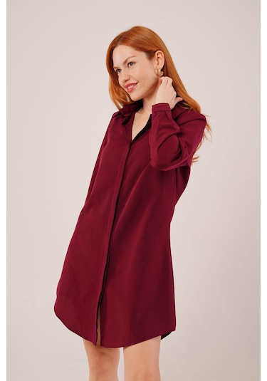 Uzun Kollu Bordo Tunik Gömlek Elbise Altın