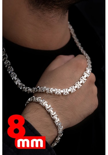 Erkek Gümüş Kolye Bileklik Set - 8mm Parlak Euro Kral Zincir