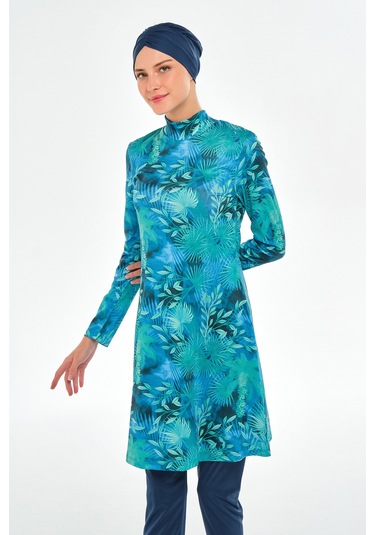 Likralı Tam Kapalı Tesettür Mayo Desenli 3102 Açık Lacivert Açık Lacivert