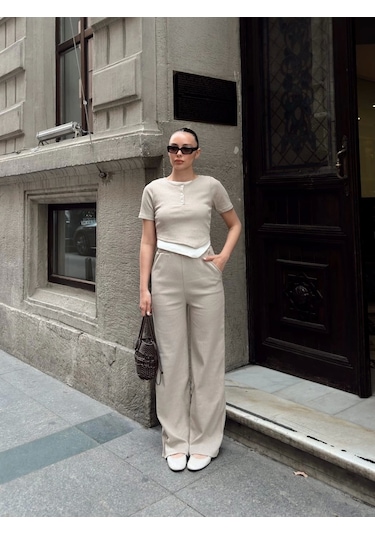 Düğme Yakalı Bej Alt Üst Takım S3943 Bej