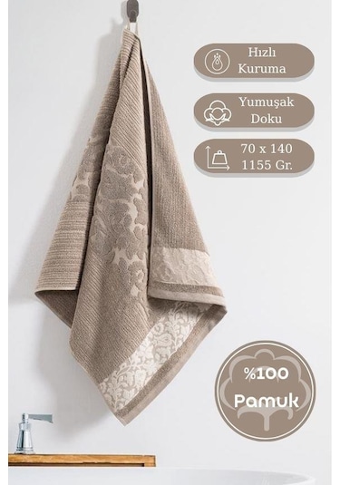 Pamuk Tekli Havlu Jakarlı Karna Premıum Stella - 70 X 140 Bej