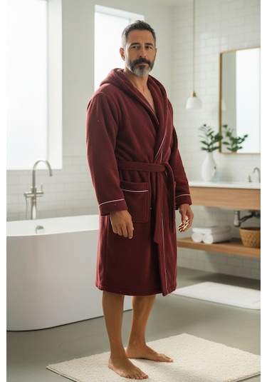 % 100 Pamuklu Laodikeia Kapşonlu Unisex Kadın Erkek Bornoz Bordo