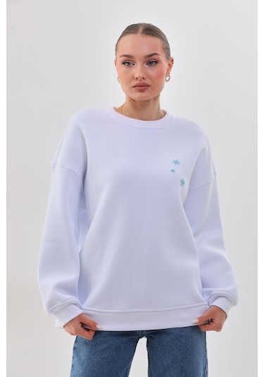 Kallima Oversize Baskılı İçi Polarlı Beyaz Kadın Sweatshirt Beyaz
