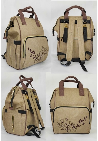 Bebek Bakım Çantası Organizatör Fonksiyonel Anne Bebek Bakım Sırt Çantası Bej Bej-kuş Bej