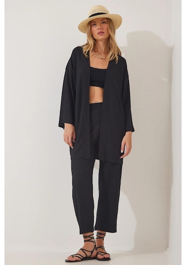 Trend Alisse Boru Paça Kimono Kadın Alt Üst Takım Siyah