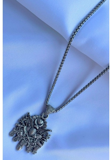 Osmanlı Tuğrası El İşçiliği Paslanmaz Çelik Zincir Erkek Kolye Gümüş