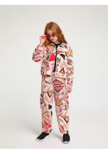 Kız Çocuk Etnik Desenli Tasarım Kot Ceket-13812 Kırmızı
