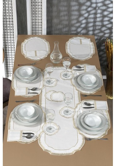 Aslı Keten Nakışlı Amerikan Servis Takımı 19 Parça Gold Gold