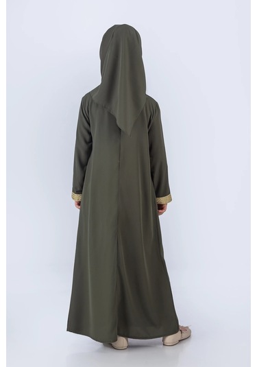 Eşarplı Ferace Medine İpek Kumaş Kız Çocuk Yeşil