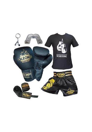 Kogam Boks Eldiveni, Leon Dragon Kick Boks Şortu, Tişört, Bandaj,Siyah