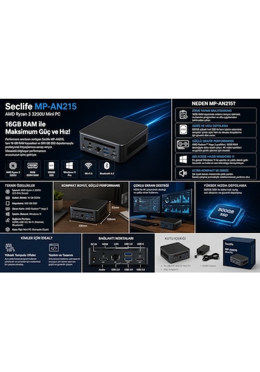Seclife MP-AN215 R3 3200U 16 GB 500 GB SSD Win11H Mini Pc