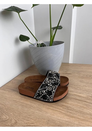 Yazlık Kadın Ortopedik Taşlı Havuz Günlük Terlik Siyah - Kahverengi