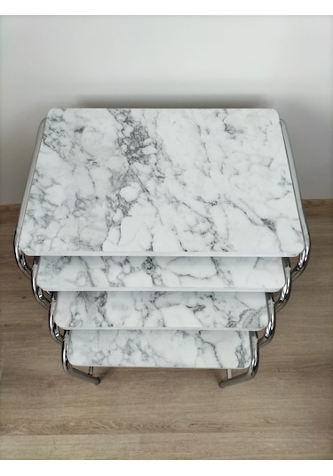 Evko Mobilya Buket Sehpa, 4'lü Zigon Sehpa, Dörtlü, Krom-b.mermer