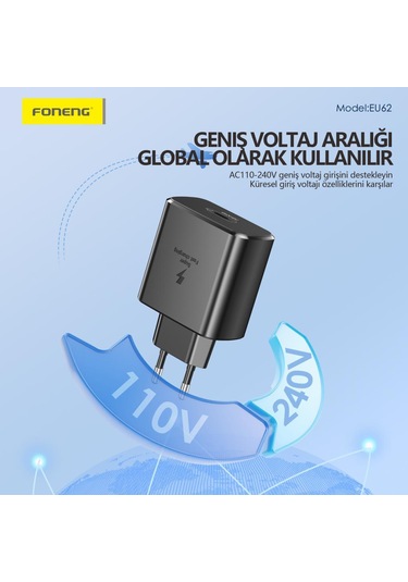 Foneng EU62 GaN 45W PD Type-c Girişli Hızlı Şarj Adaptörü Siyah